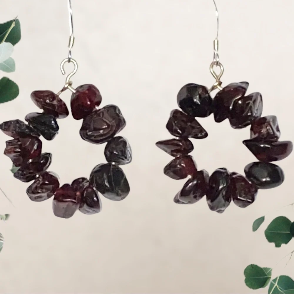 Hand Crafted Garnet Chip Earrings Sterling Silver Dangle Hoop Red Boho Pierced - Picture 1 of 5